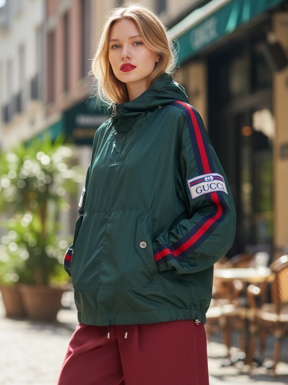 Gucci Unisex Dark Green Bomber Jacket with Red and Blue Sleeve Stripes